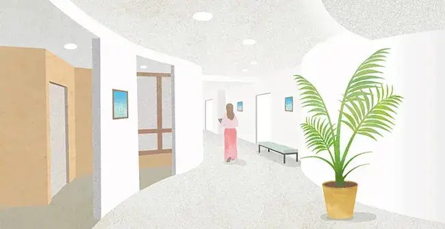 ゆるやかにカーブする廊下の要にはナースステーションが置かれ､何気ない安心感が得られる - 海の病棟 | 福岡県大牟田市 不知火病院(うつ病の治療･入院･カウンセリング)